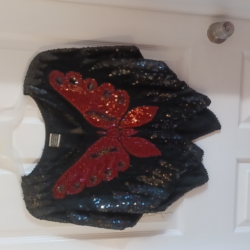 A vintage silk sequin butterfly shirt